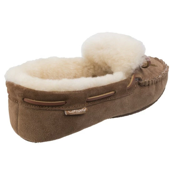 Cotswold Mens Chastleton Sheepskin Moccasin Soft Leather Slippers Shoes Chestnut - Image 3