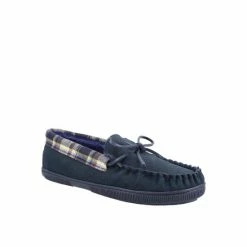 Cotswold Mens Tresham Leather Moccasin Slippers - Navy Sandals & Slippers